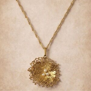 Vintage K&L Germany Gold-Tone Sunburst Pendant Necklace - Faux Pearl - 1960s